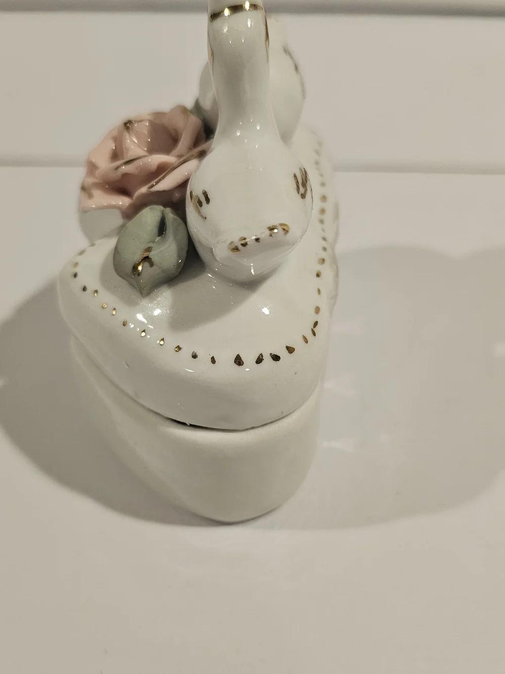 Porcelain Heart Jewelry Box with Swans & Pink Rose